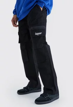 Black Relaxed Multi Cargo Ripstop Trouser With Tonal Embroidery