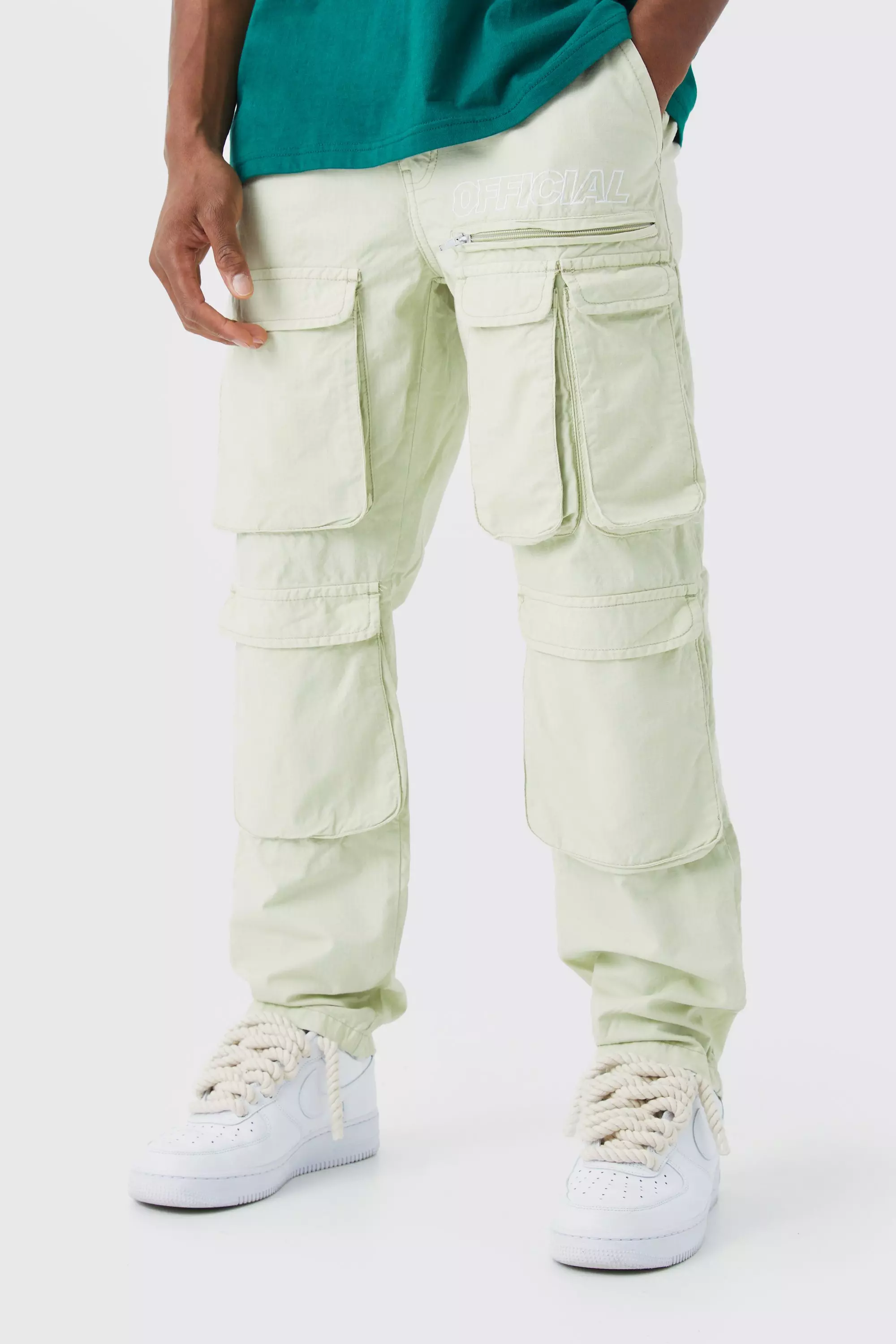 Sage Green Straight Leg Multi Cargo Ripstop Trouser With Tonal Branding