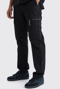 Black Straight Leg Cargo Trouser With Branded Zip Puller