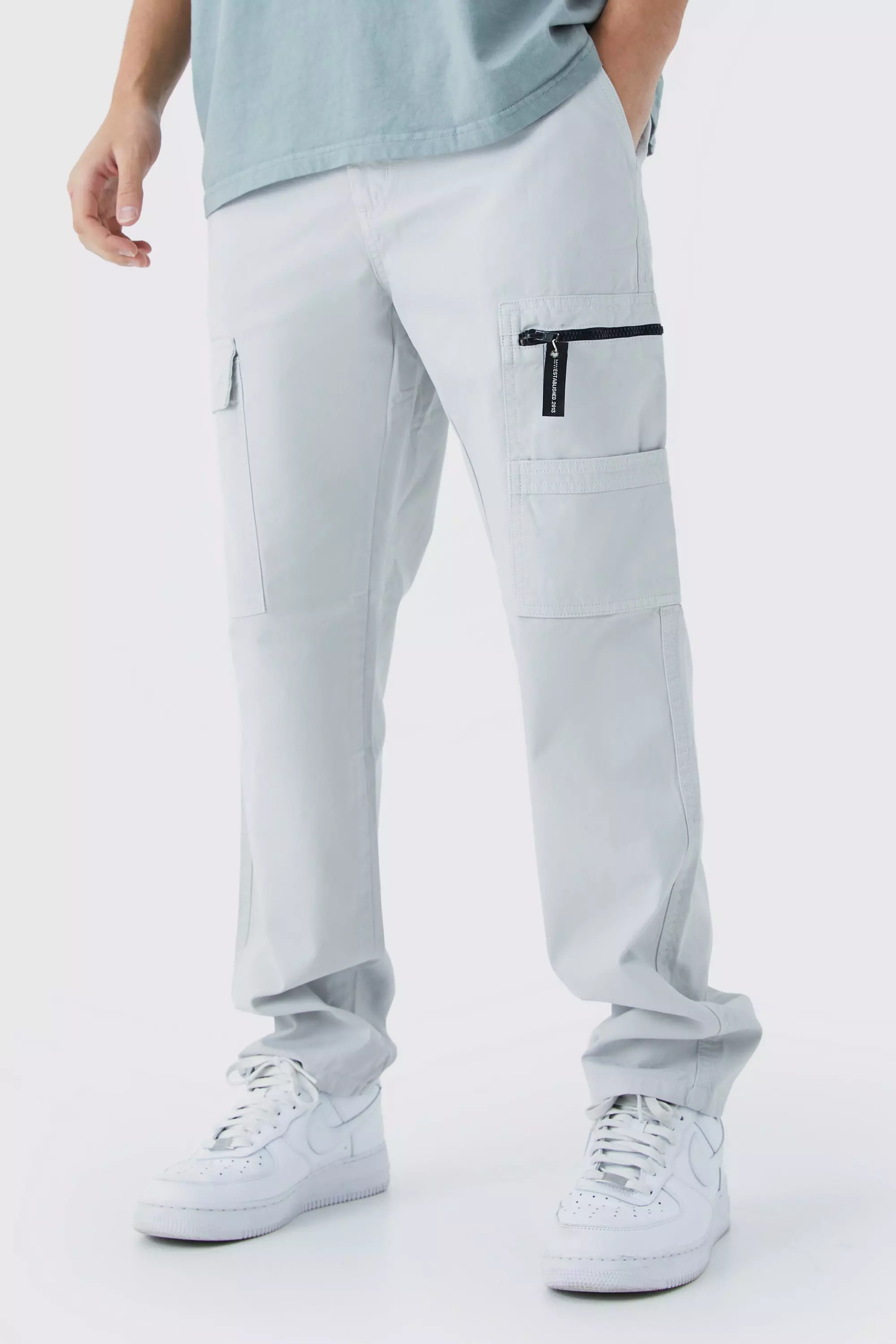 Straight Leg Cargo Trouser With Branded Zip Puller Slate