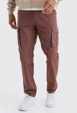 Chocolate Brown Straight Leg Multi Cargo Trouser With Woven Tab