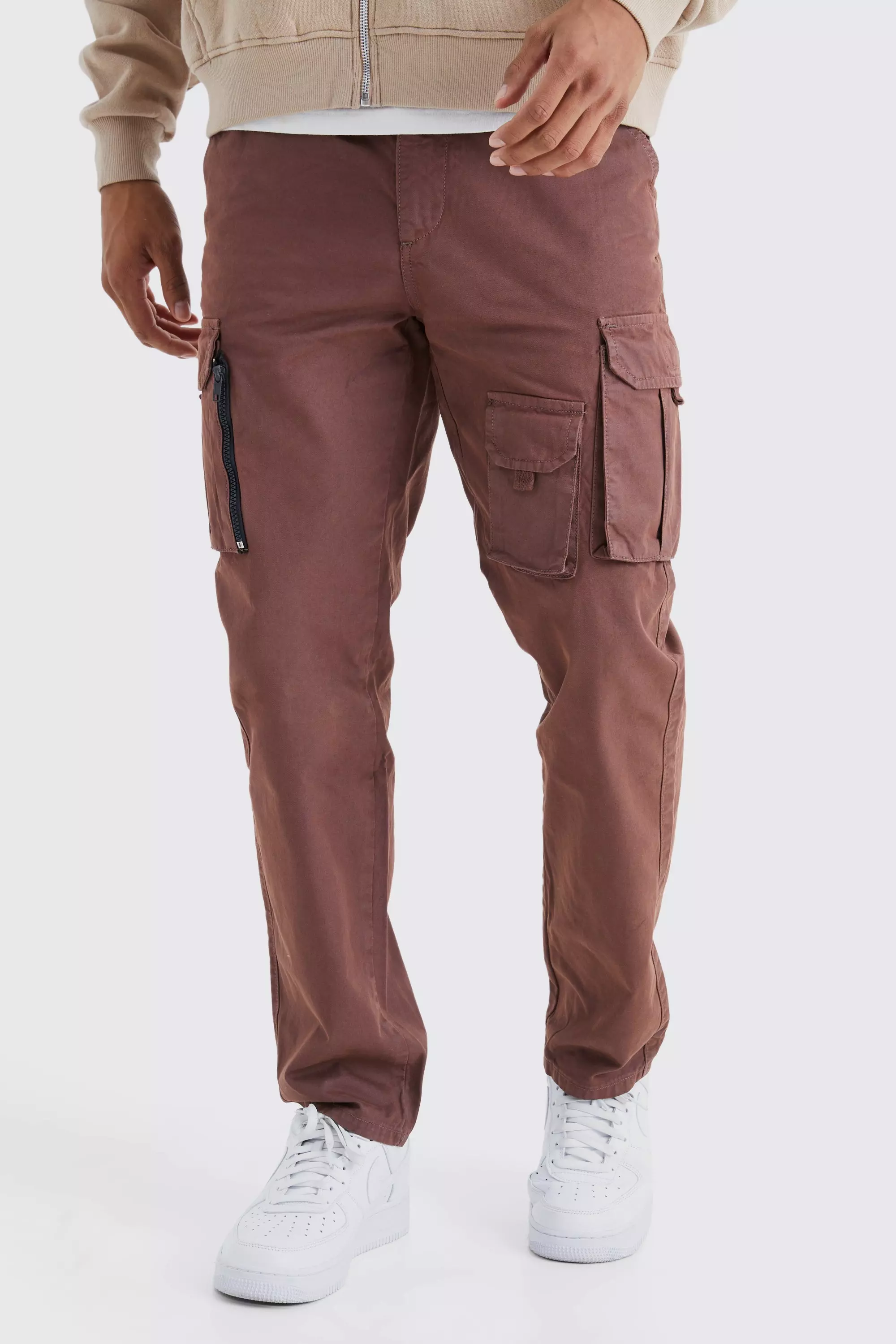 Chocolate Brown Straight Leg Multi Cargo Trouser With Woven Tab
