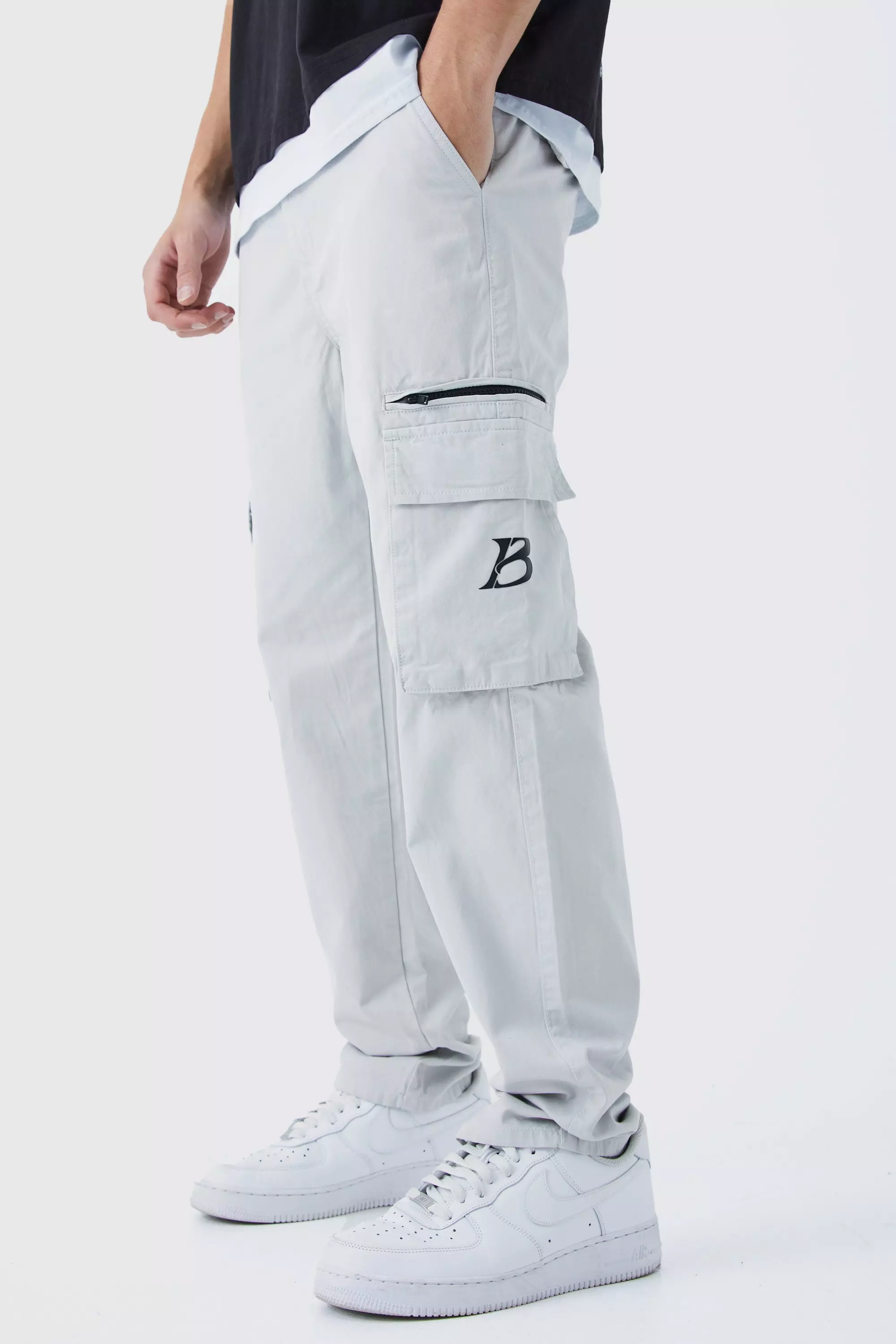 Straight Leg Zip Cargo Trouser With High Build Branding Slate