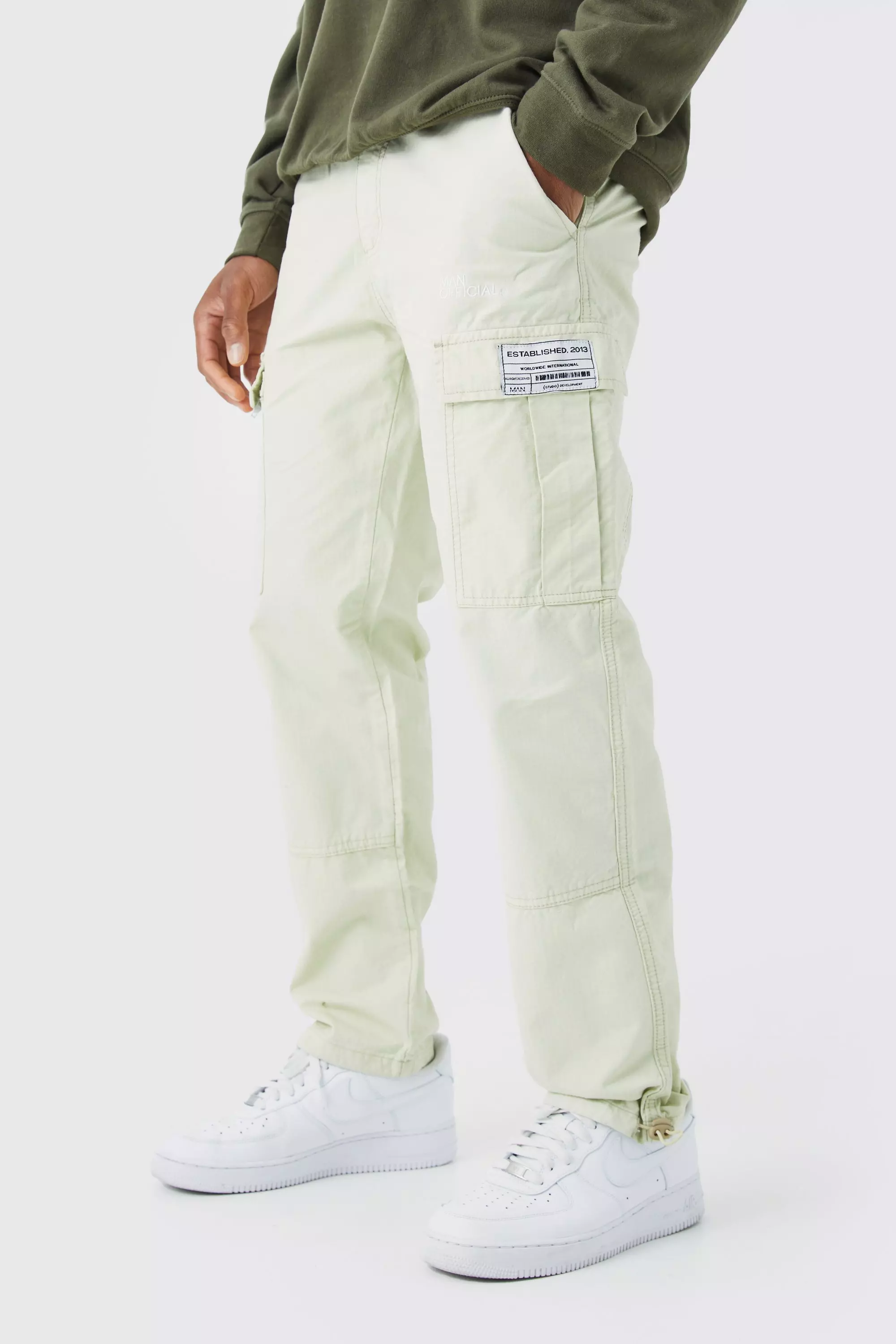 Sage Green Straight Leg Zip Cargo Ripstop Trouser With Woven Tab