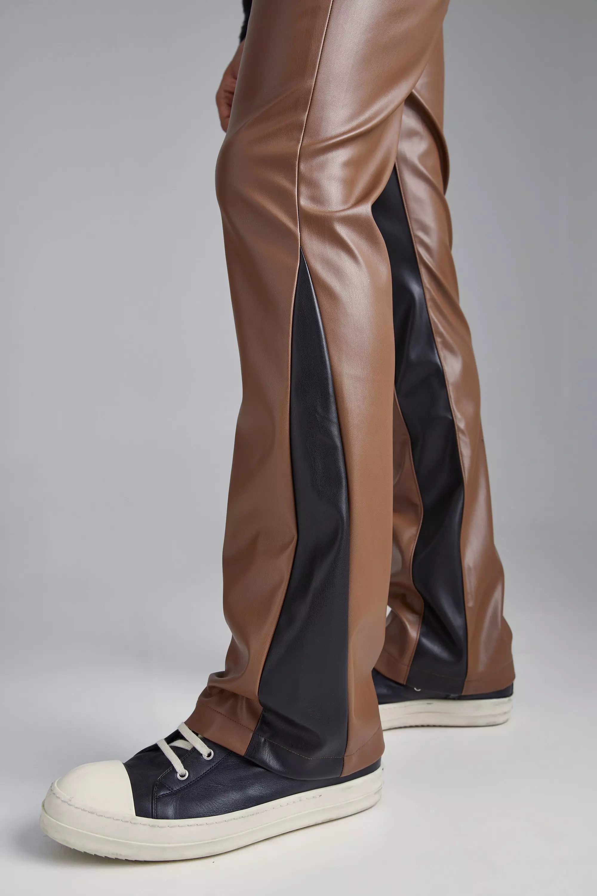 Chocolate Brown Fixed Waist Slim Flare Gusset Pu Trouser