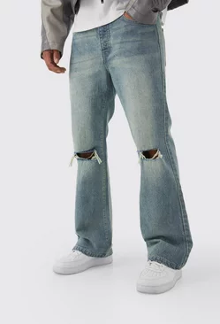 Blue Relaxed Rigid Flare Jean With Knee Rips