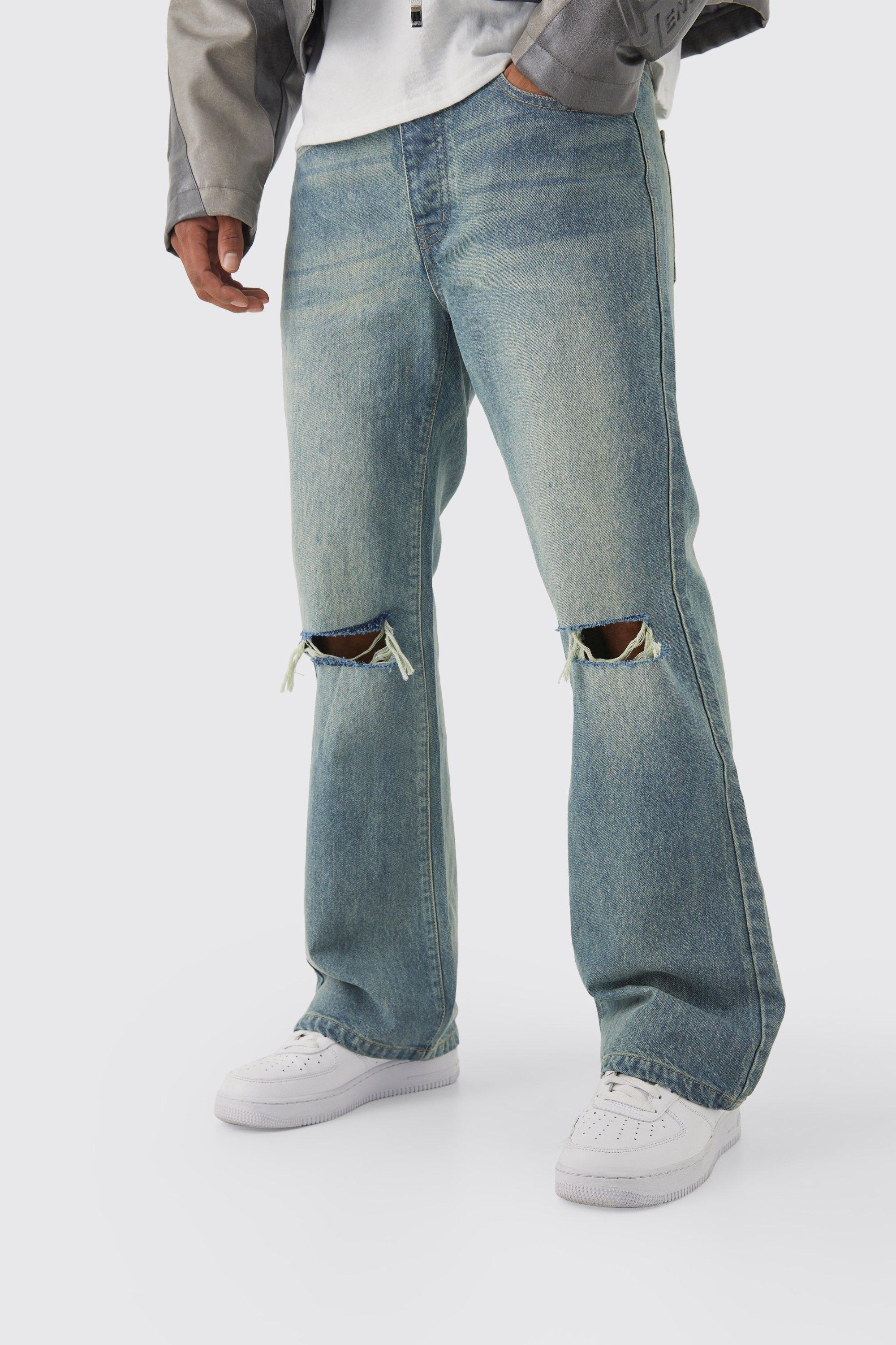 Relaxed Rigid Flare Jean With Knee Rips