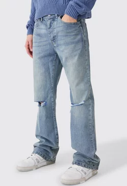 Blue Relaxed Rigid Flare Jean With Knee Rips