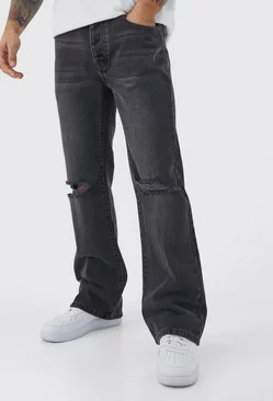 Relaxed Rigid Flare Jean With Knee Rips Charcoal