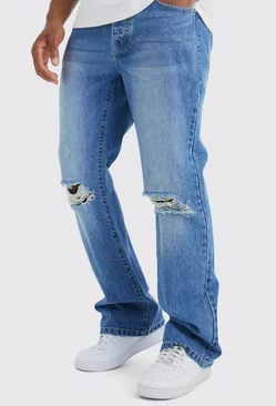 Relaxed Rigid Flare Jean With Knee Rips Mid blue