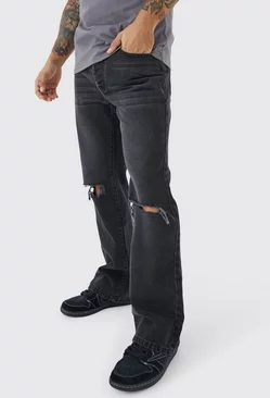 Relaxed Rigid Flare Jean With Knee Rips Washed black