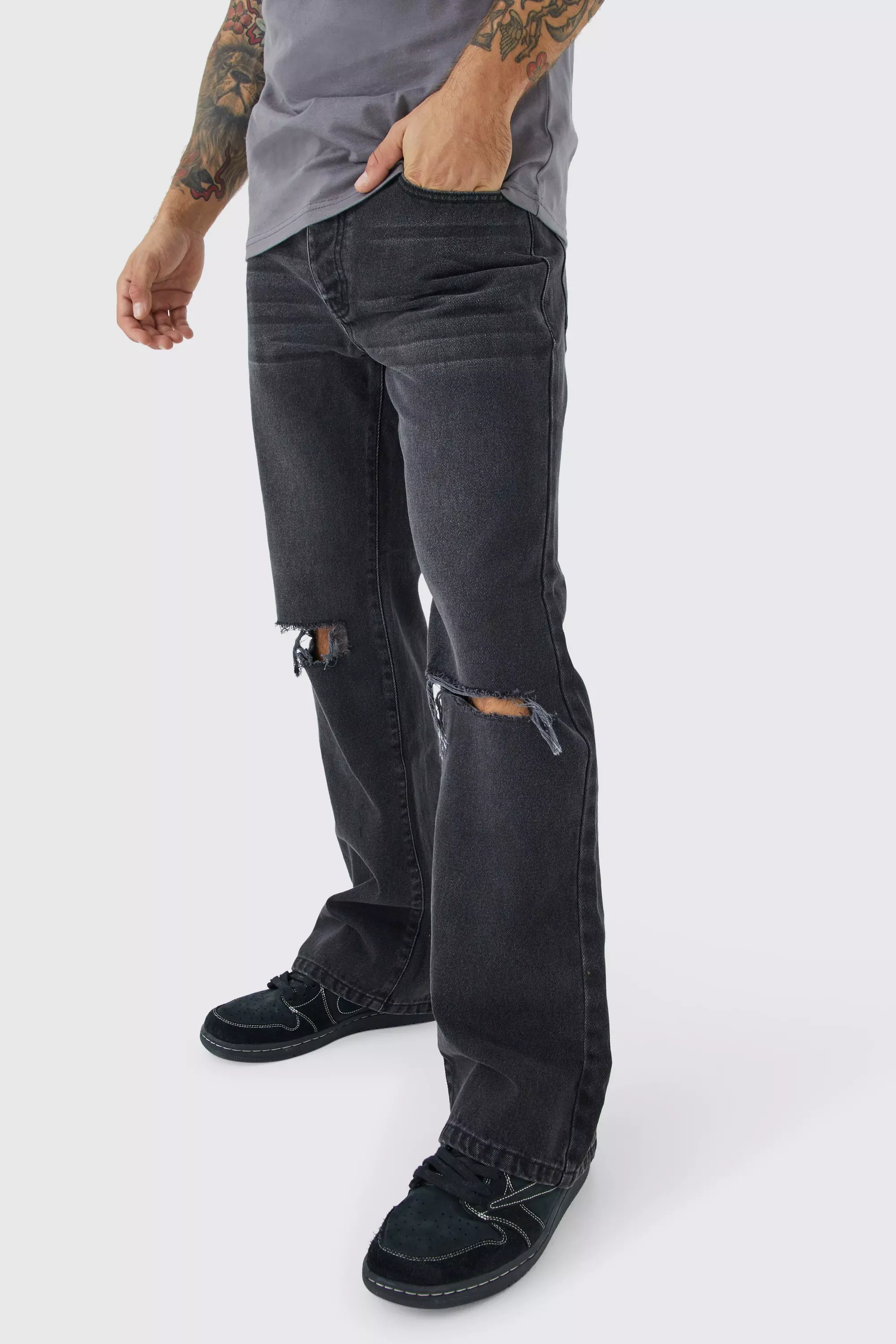Ash Grey Relaxed Rigid Flare Jean With Knee Rips