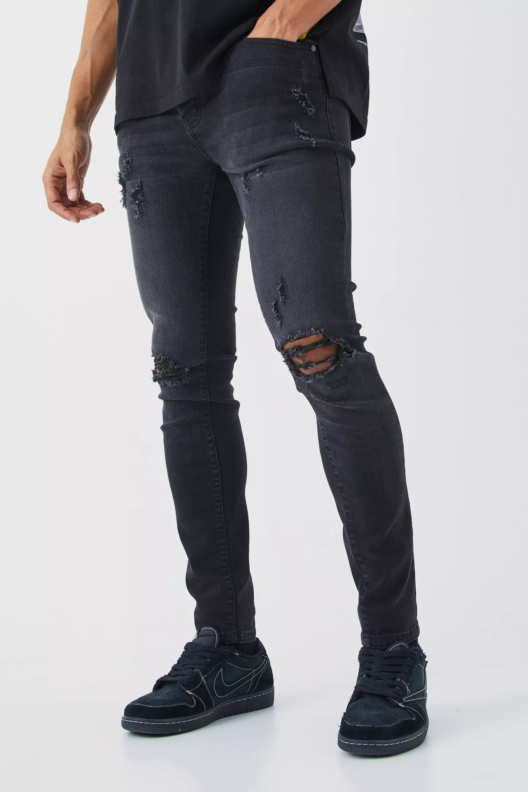 Skinny Stretch Extreme Knee Rip Jeans Washed black
