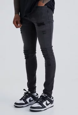 Super Skinny Jeans With All Over Rips Charcoal