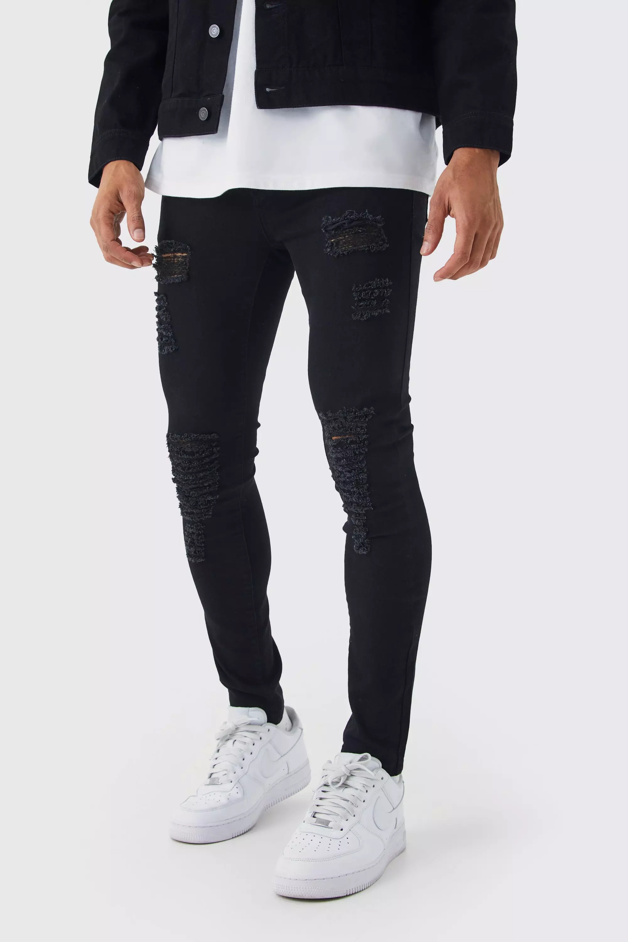 Jeans Super Skinny Fit Con Strappi All Over, True black immagine alternativa