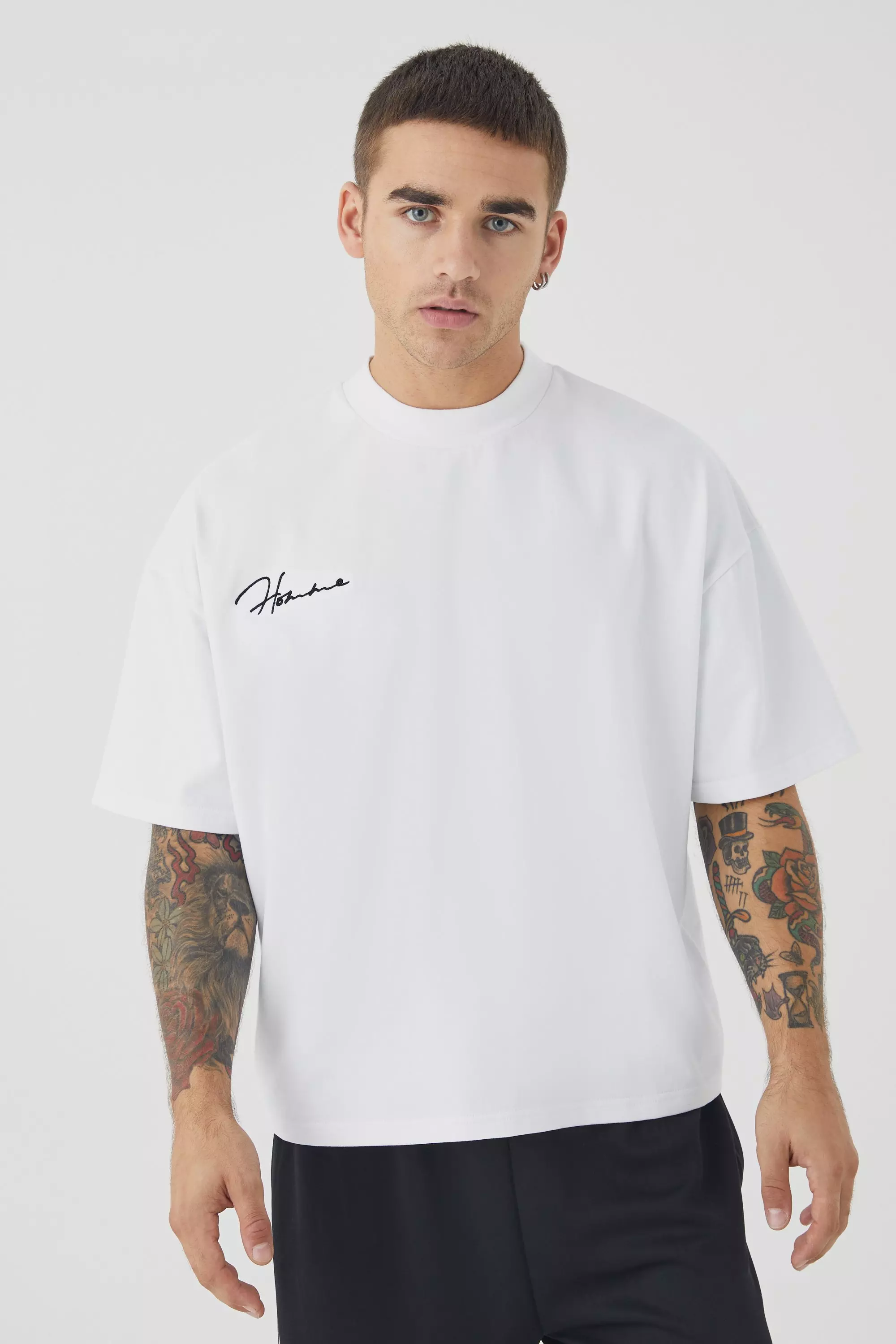 Oversized Boxy Heavyweight Peached Embroidered T-shirt White