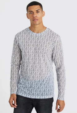 Long Sleeve Slim Fit Monogram Mesh T-shirt Grey