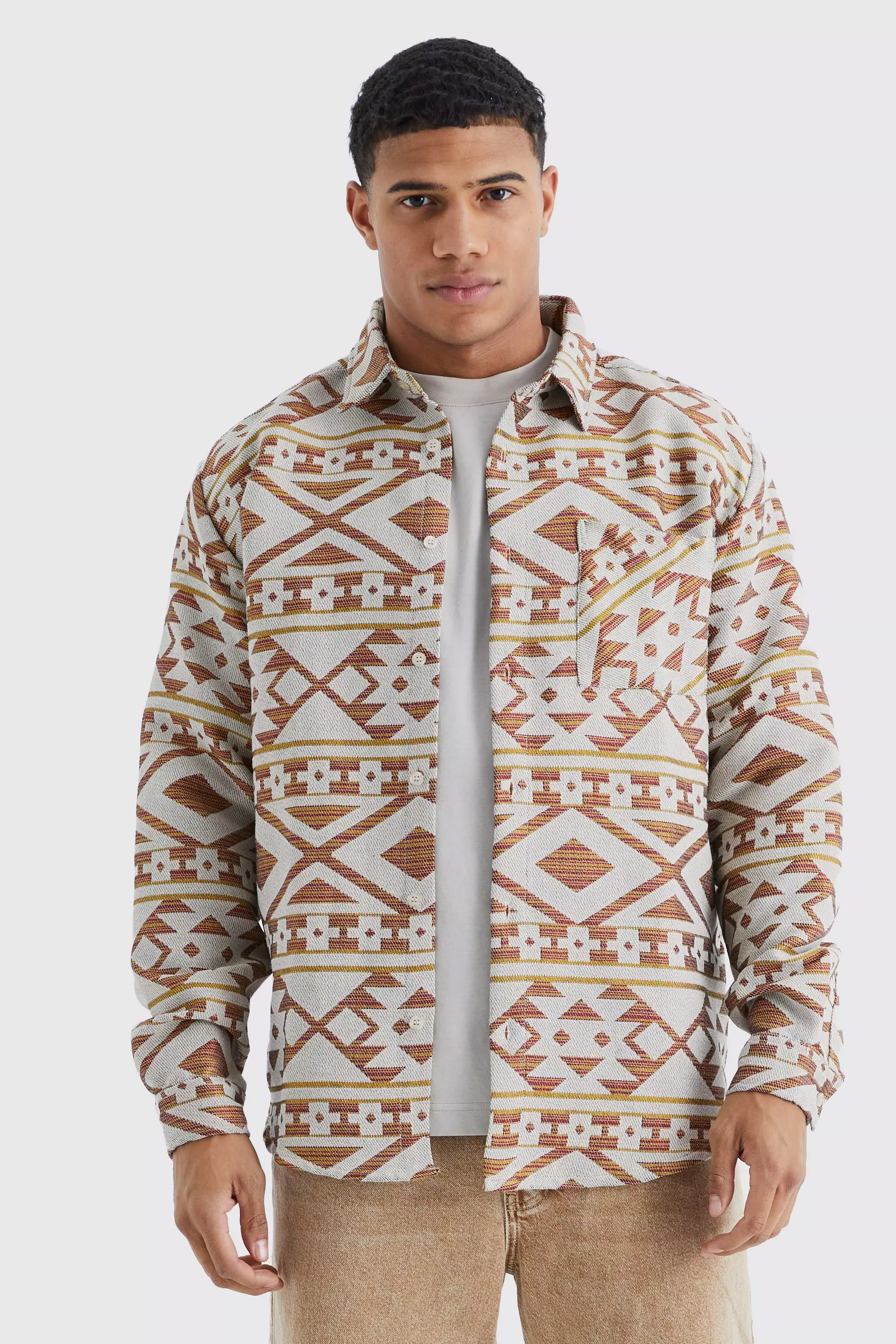 Long Sleeve Aztec Jacquard Oversized Overshirt Stone