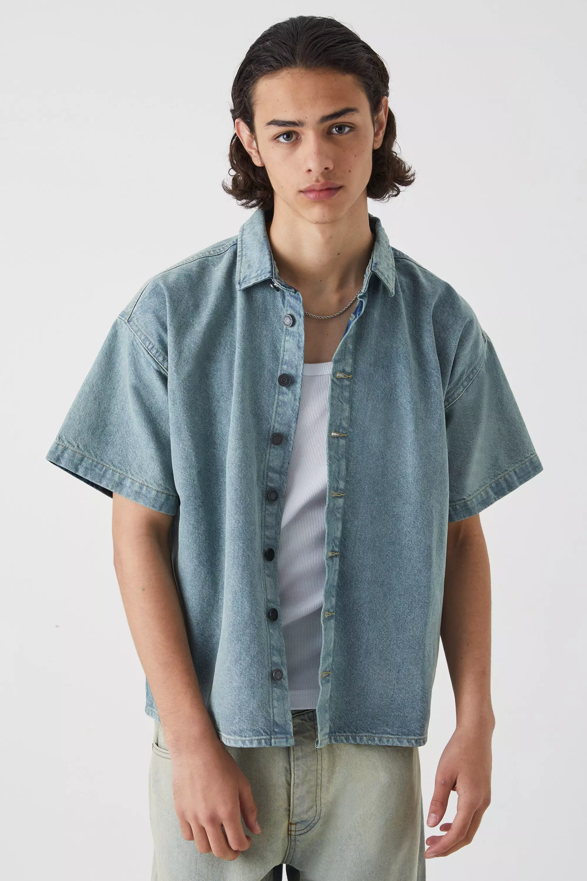 Short Sleeve Boxy Fit Denim Shirt Antique blue