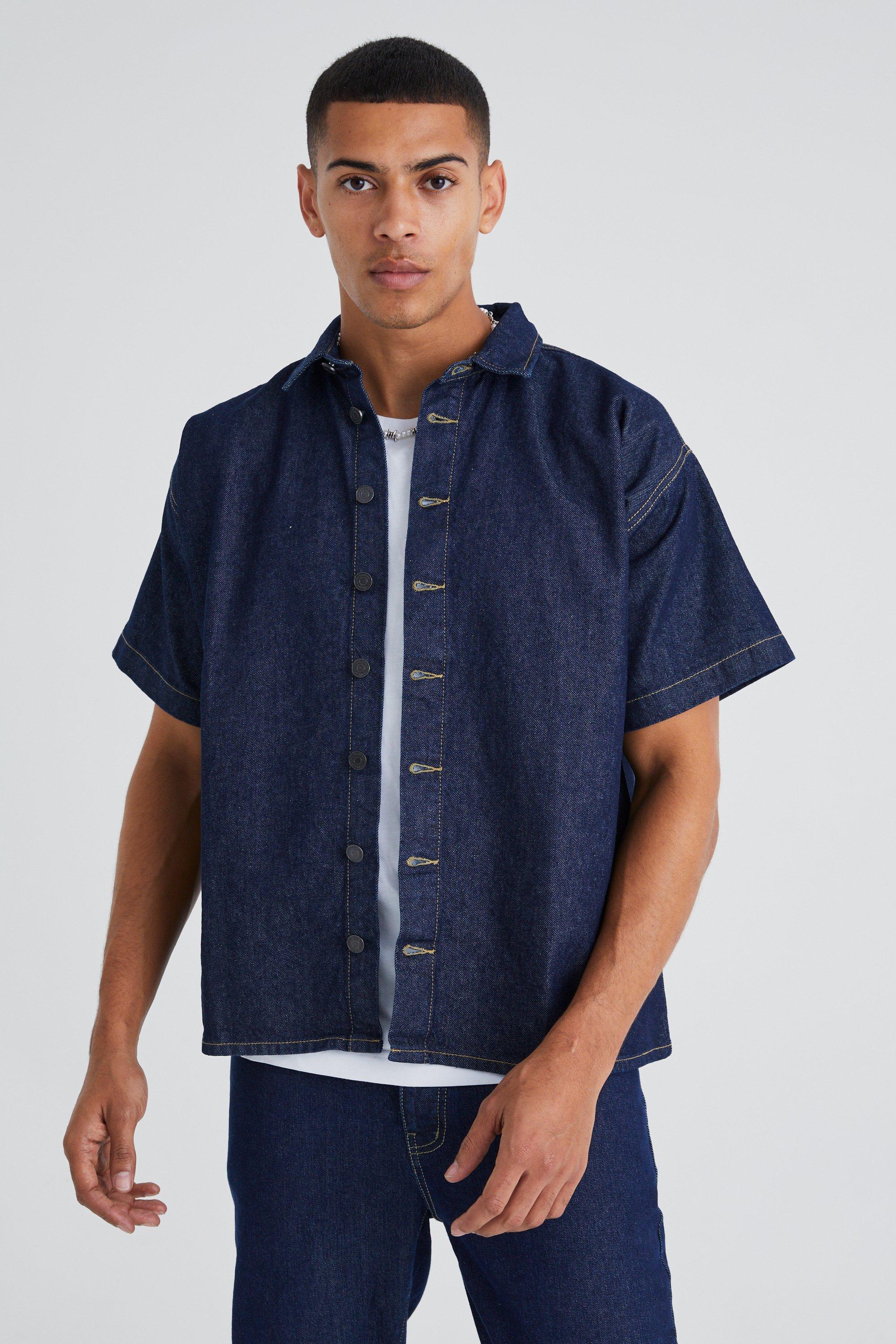 boohooMAN Boxy Fit Diamond Jacquard Denim Shirt - Blue - Size S