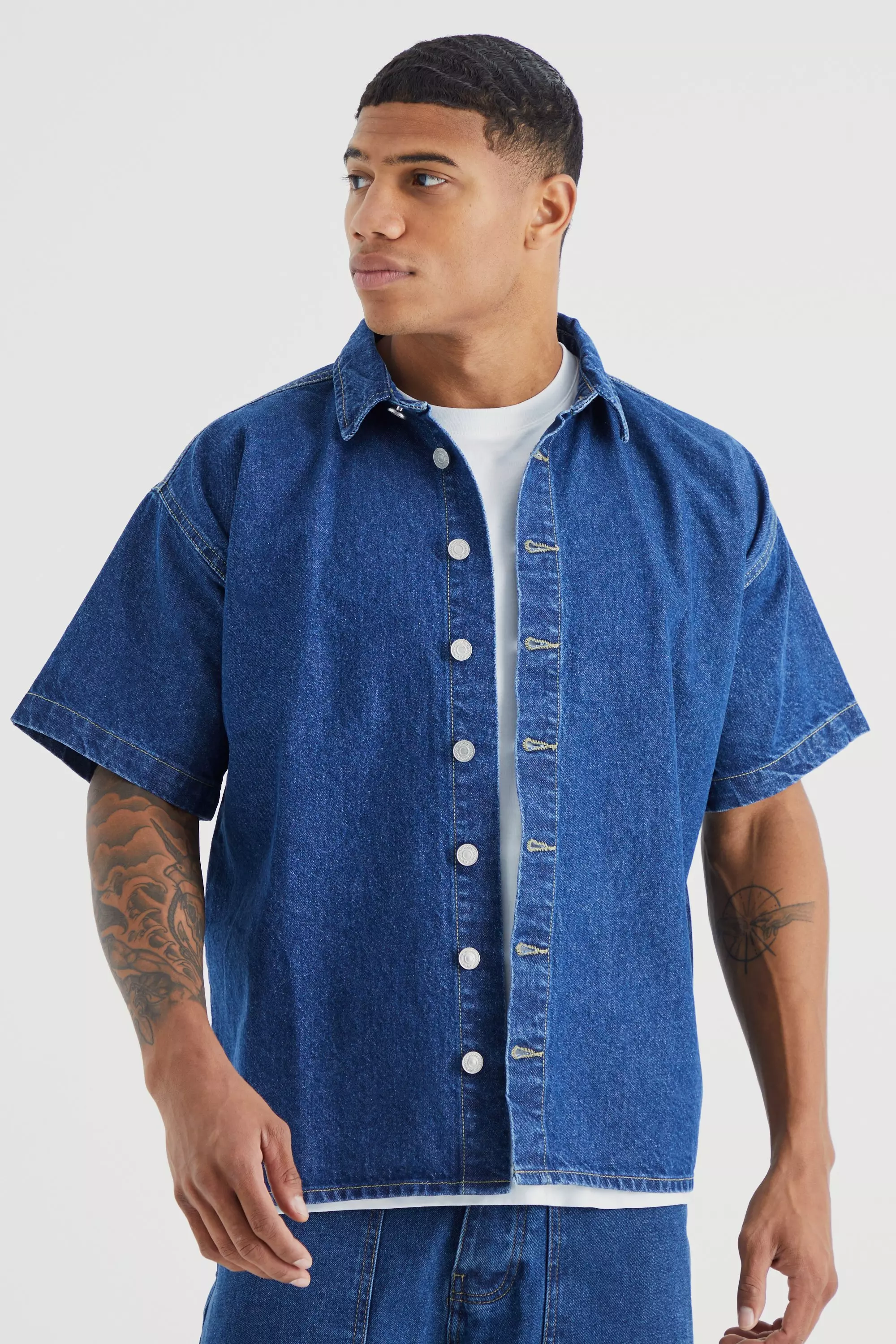 Short Sleeve Boxy Fit Denim Shirt Mid blue