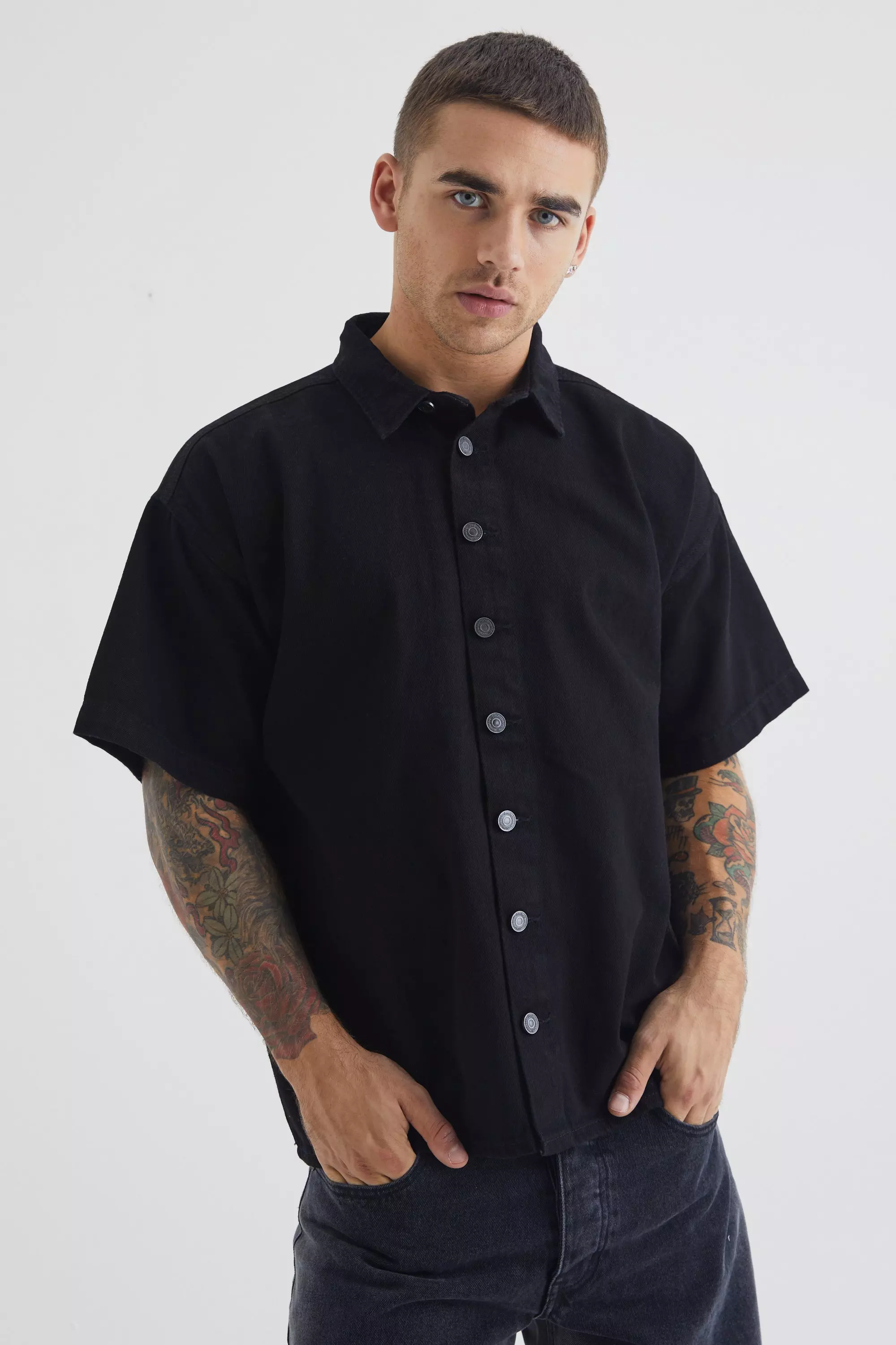 Black Short Sleeve Boxy Fit Denim Shirt