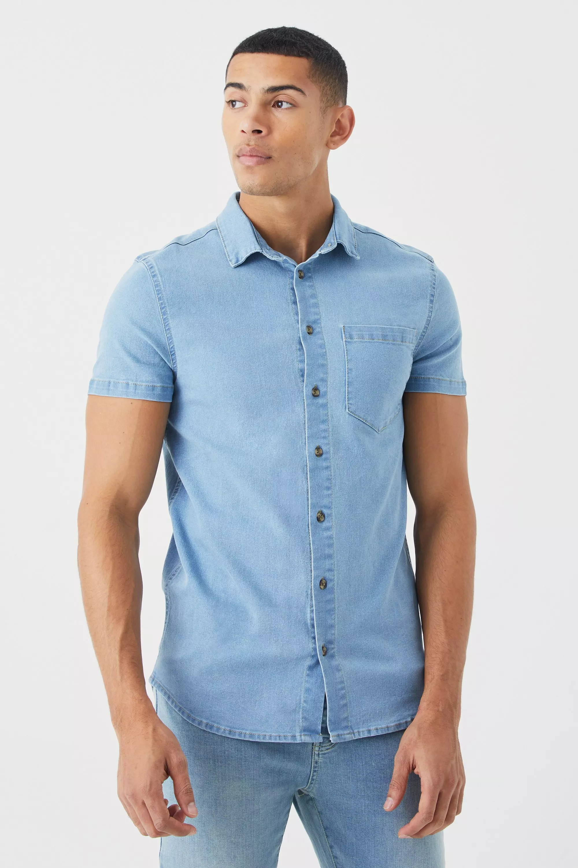 Light blue Muscle Fit Spijkerblouse Met Korte Mouwen alternatieve afbeelding