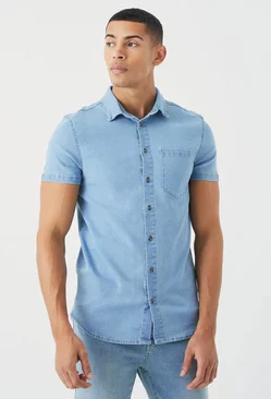 Blue Short Sleeve Muscle Fit Denim Shirt