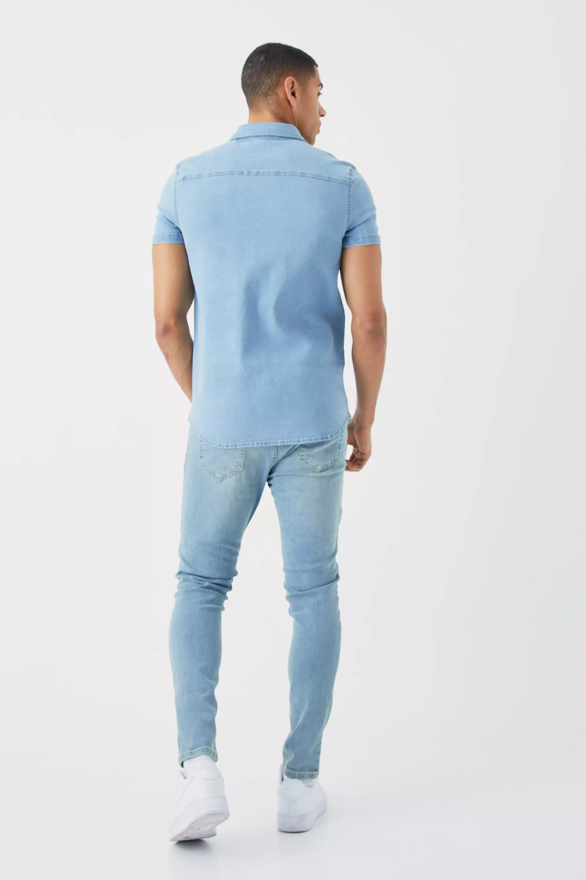Light blue Muscle Fit Spijkerblouse Met Korte Mouwen alternatieve afbeelding