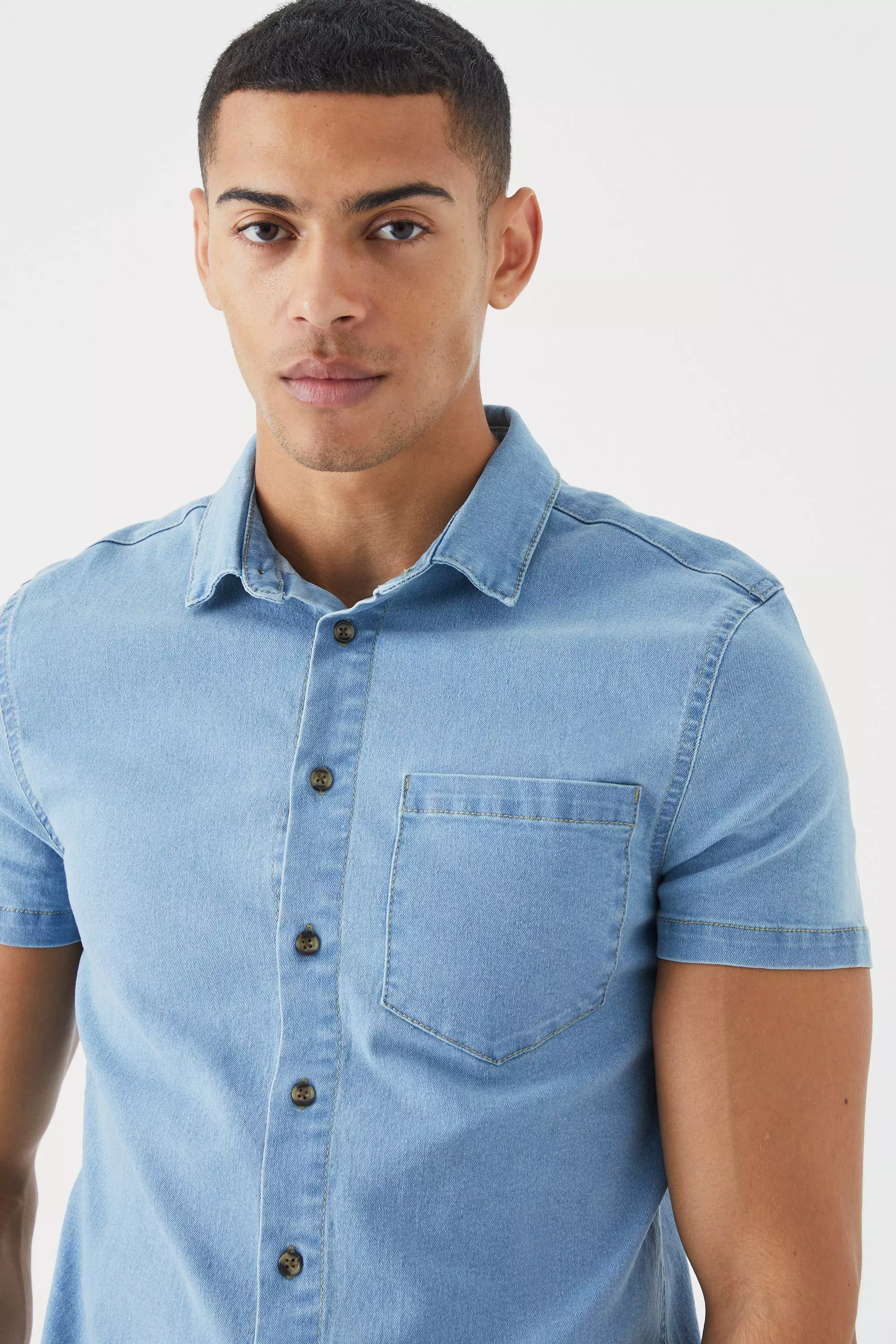 Light blue Muscle Fit Spijkerblouse Met Korte Mouwen alternatieve afbeelding