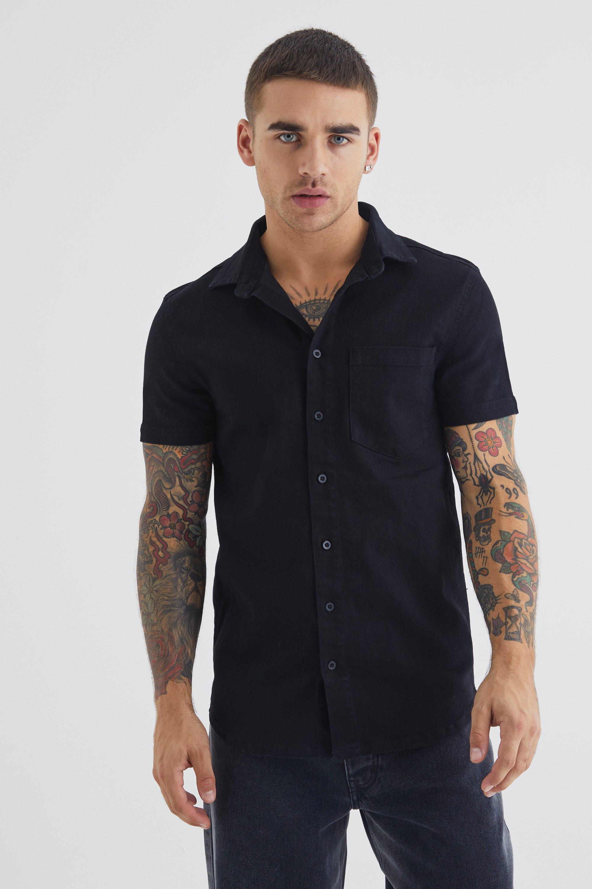 boohooMAN Men's Short Sleeve Muscle Fit Denim Shirt