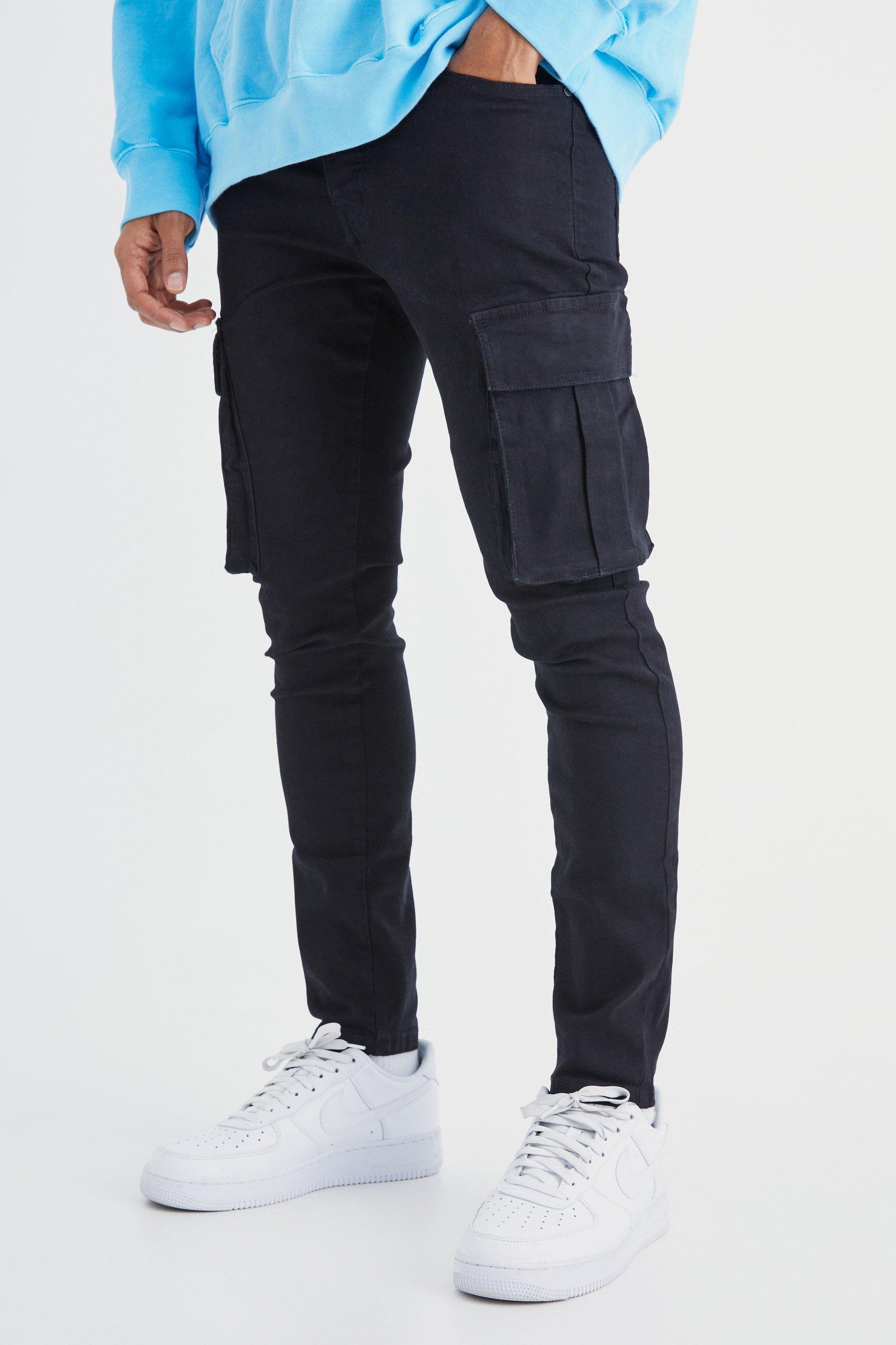 Mens Slim Fit Jeans Side Pockets Stretch Skinny Pants Cargo