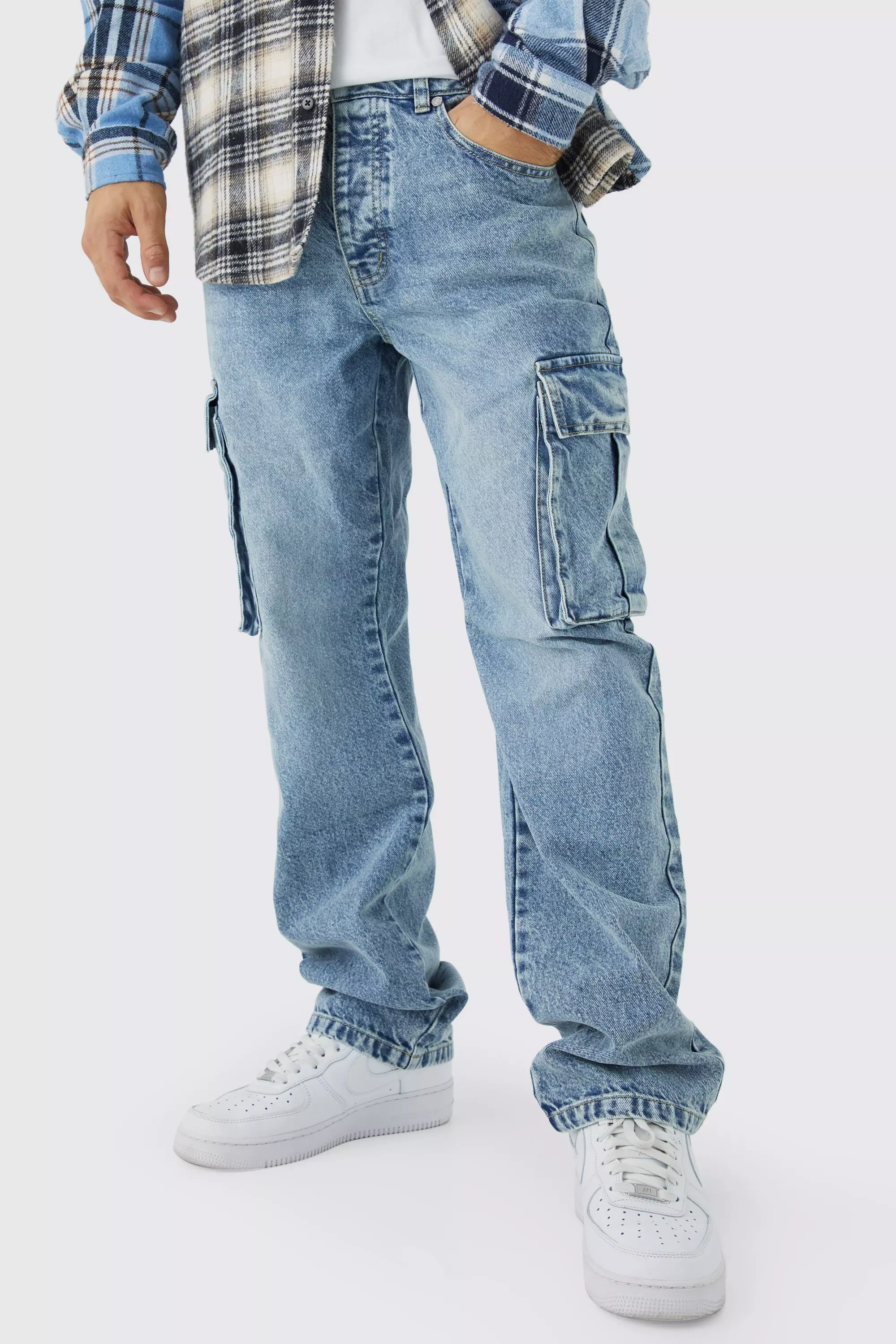 Blue Relaxed Rigid Cargo Jeans