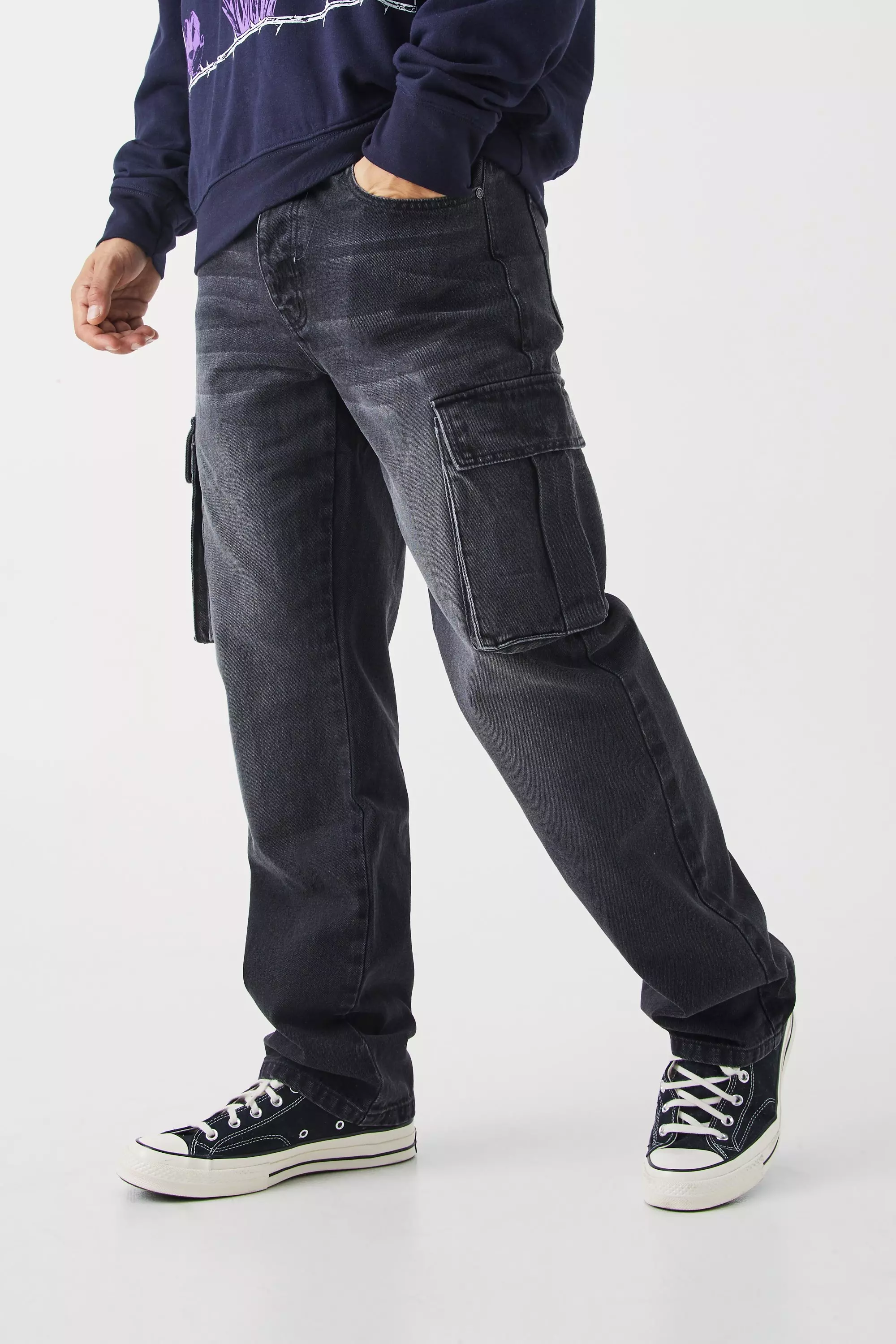 Relaxed Rigid Cargo Jeans Washed black