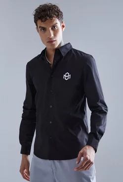 Long Sleeve Poplin Mini Chest Embroidery Shirt Black