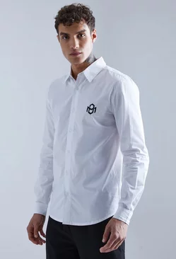 Long Sleeve Poplin Mini Chest Embroidery Shirt White