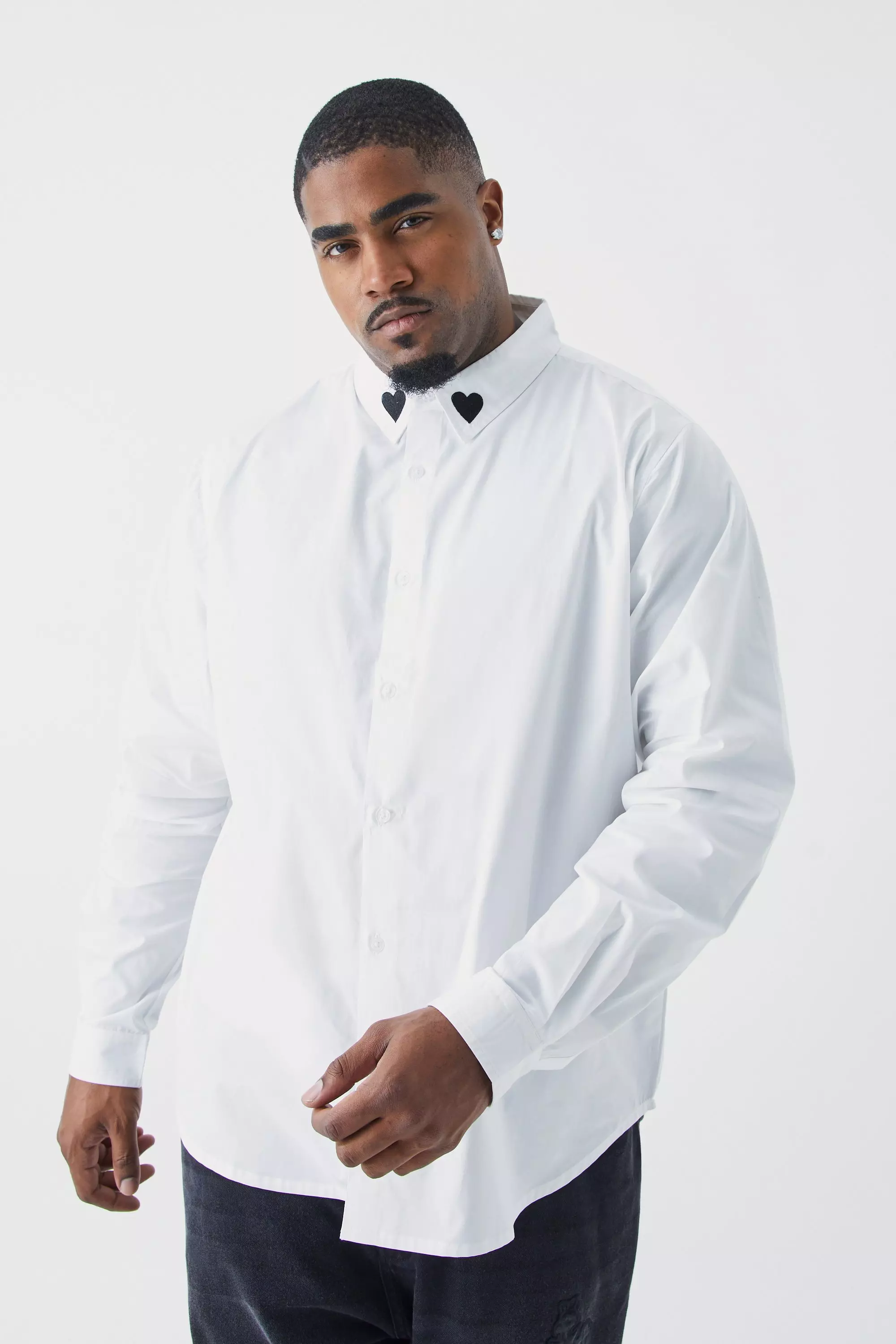 Plus Poplin Heart Embroidered Collar Shirt White