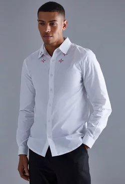 Long Sleeve Poplin Multi Embroidered Collar Shirt White