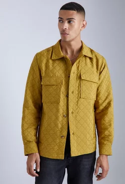 Patterned Quilted Button Through Shacket Olive