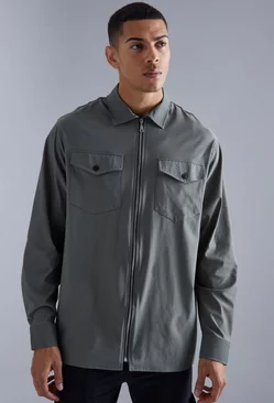 Smart Nylon Zip Through Overshirt Khaki