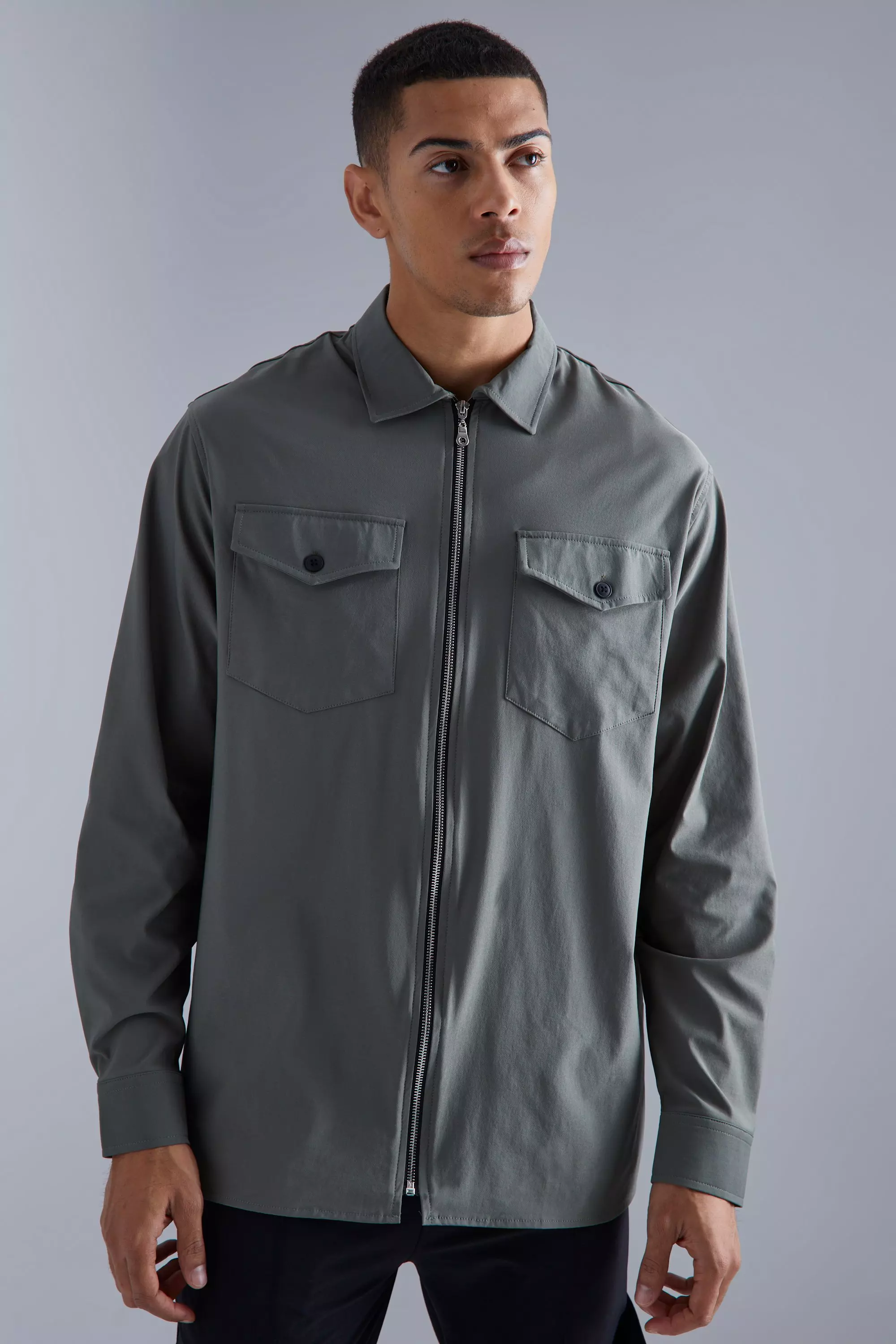 Khaki Smart Nylon Zip Through Overshirt