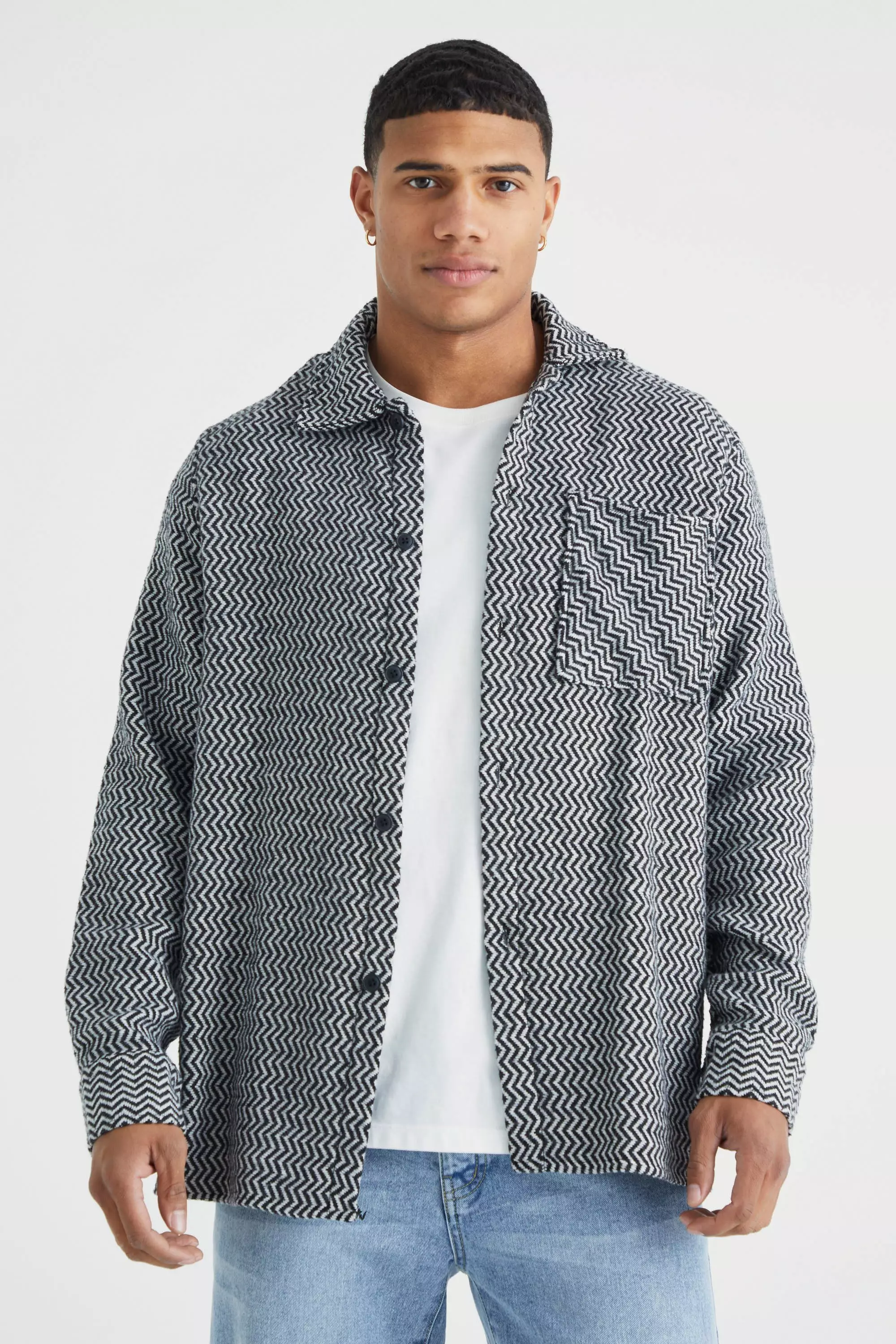 Grey Textured Wool Look Patterned Overshirt