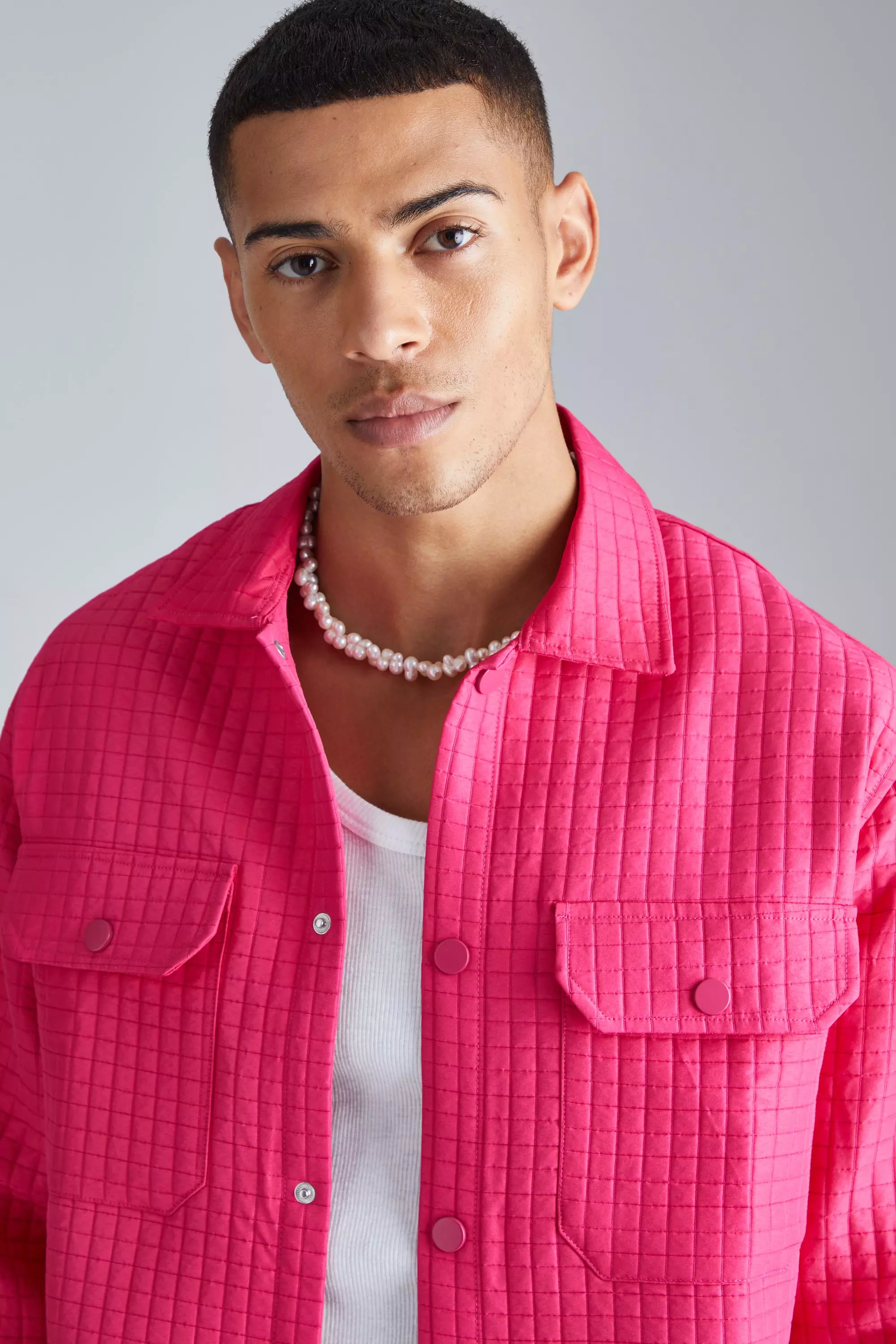 Quilted Square Button Through Shacket boohooMAN USA