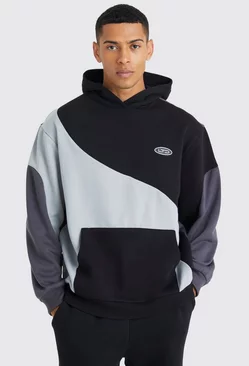 Oversized Curved Colour Block Hoodie Black