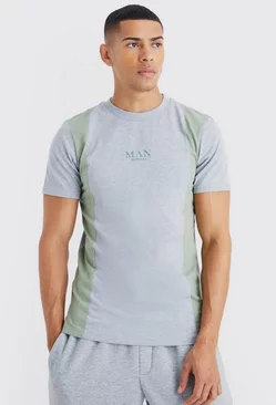 Grey Slim Fit Colour Block Embroidered T-shirt