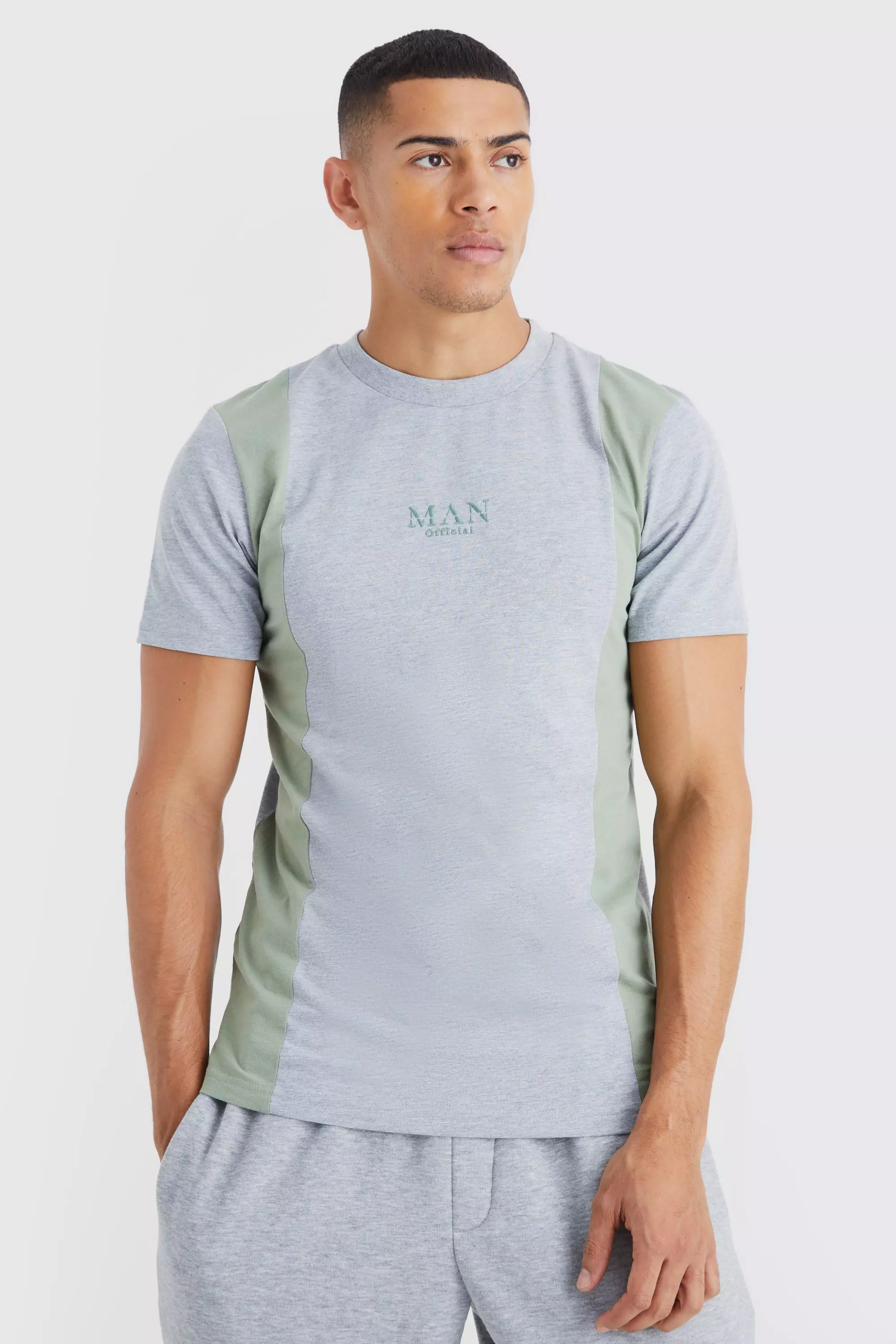 Slim Fit Colour Block Embroidered T-shirt Grey marl