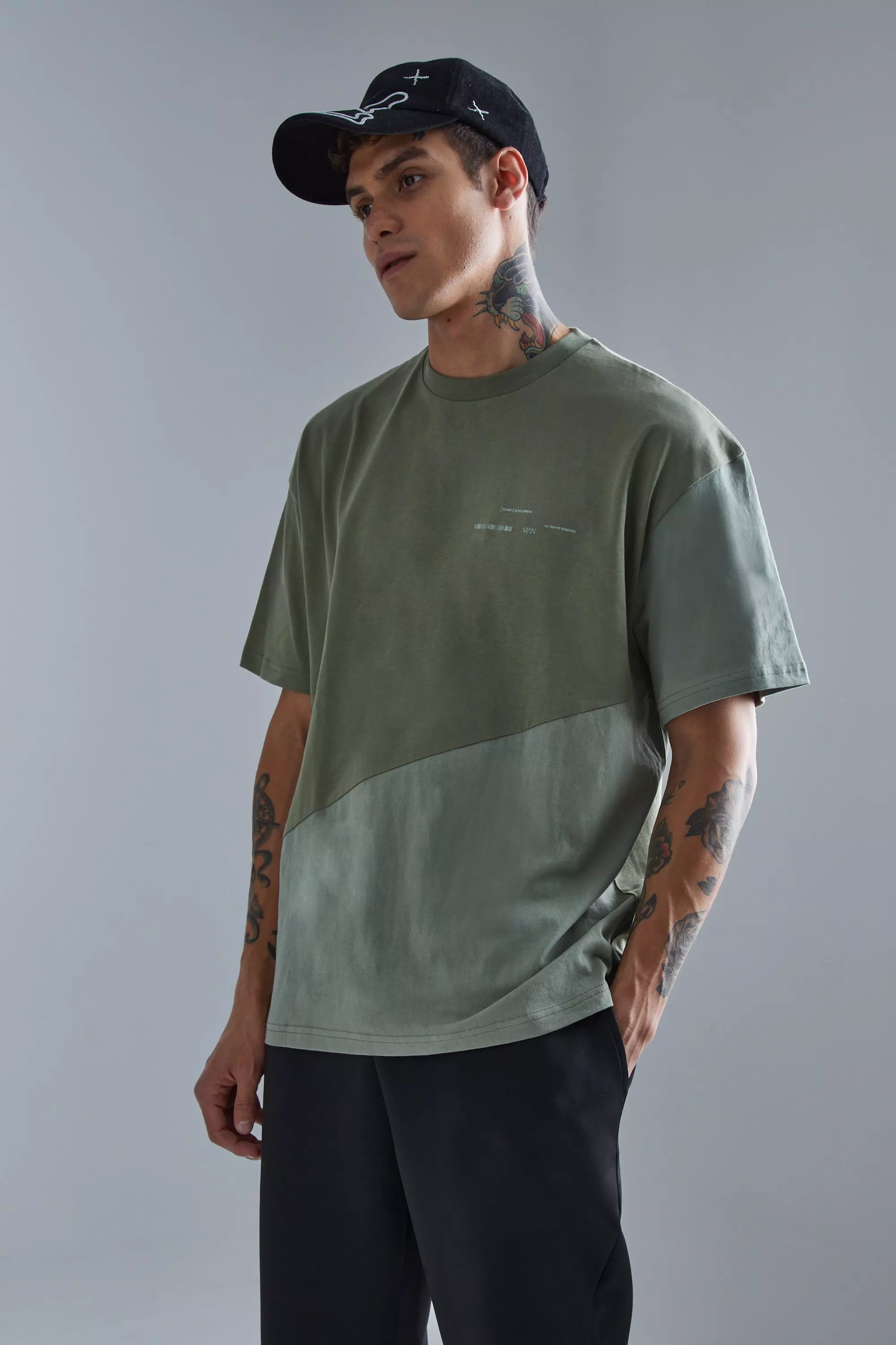 Oversized Diagonal Colour Block T-shirt Sage