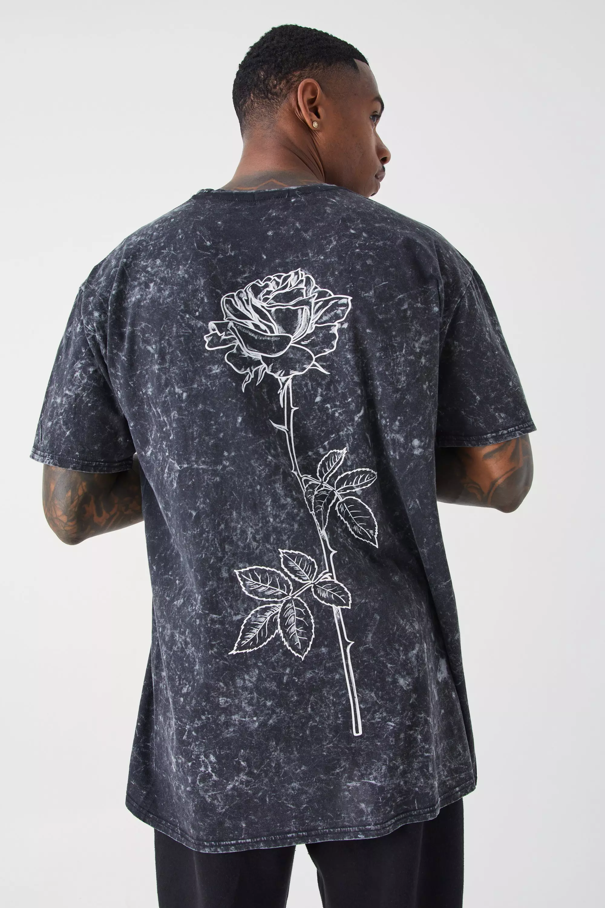 Oversized Acid Wash Rose Stem Print T-shirt Charcoal