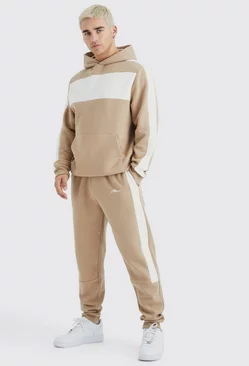 Colour Block Tape Hoodie Taupe