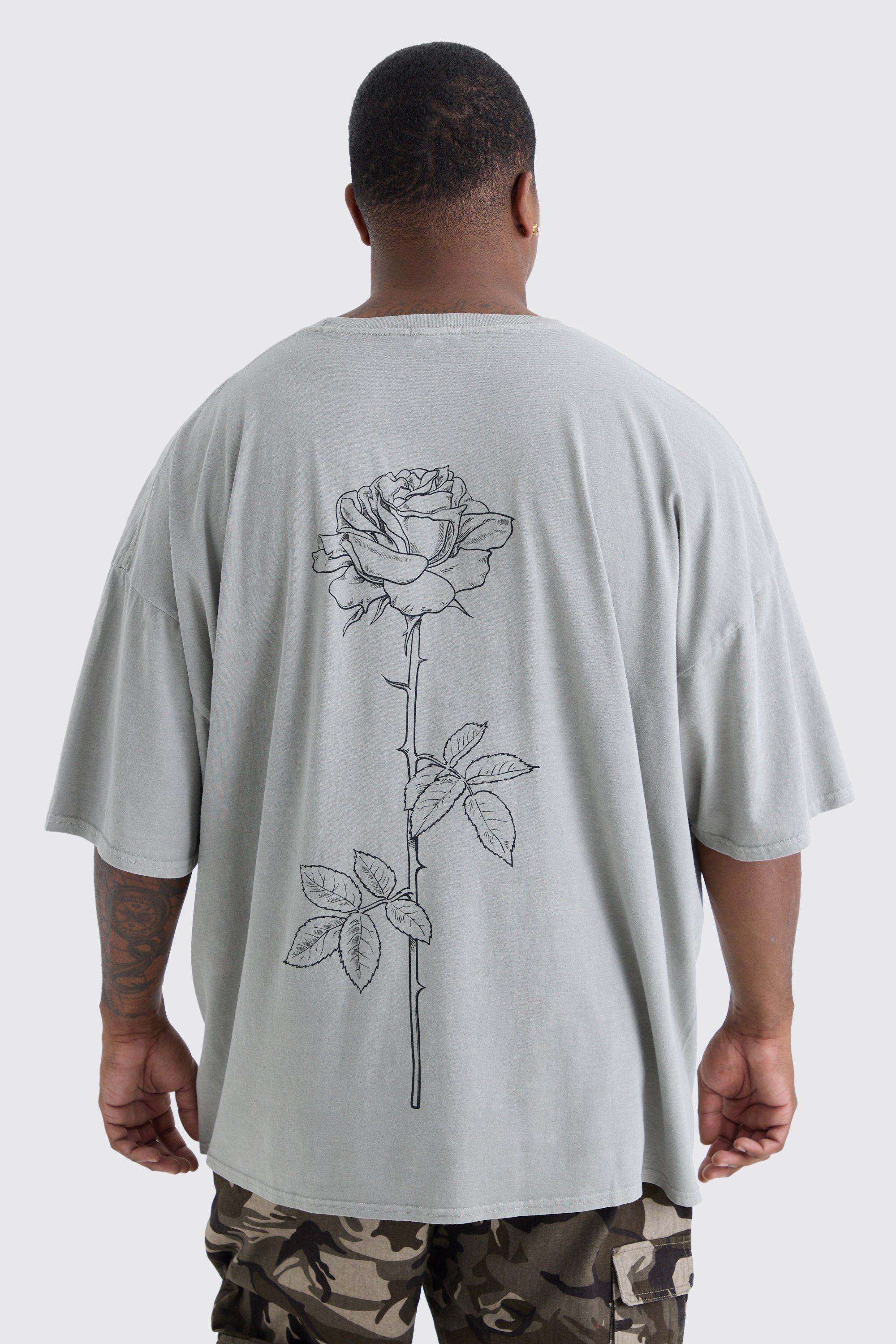 boohooMAN Plus Size Oversized Rose Back Graphic T-Shirt